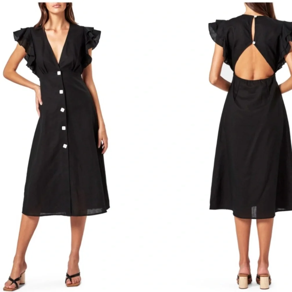 Linen cocktail Black Dress with Ruffle Sleeves - Picture 1 of 17